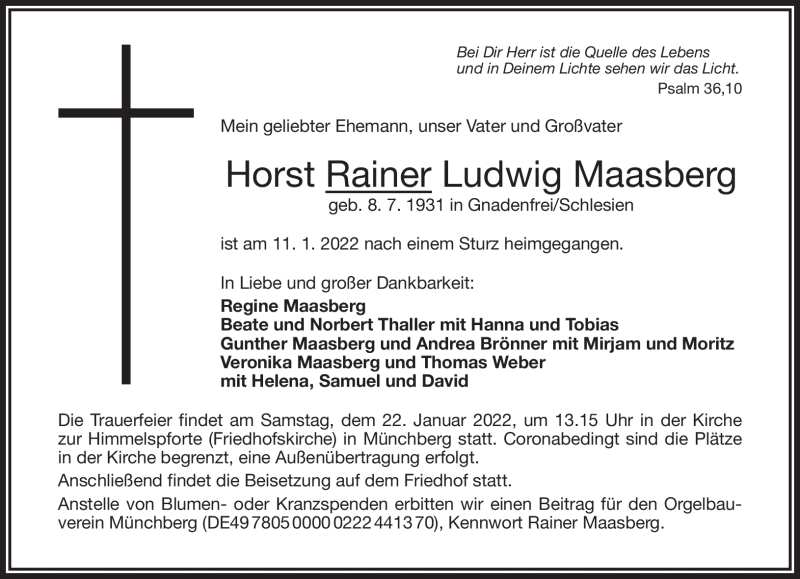  Traueranzeige für Horst Rainer Ludwig Maasberg vom 15.01.2022 aus Frankenpost