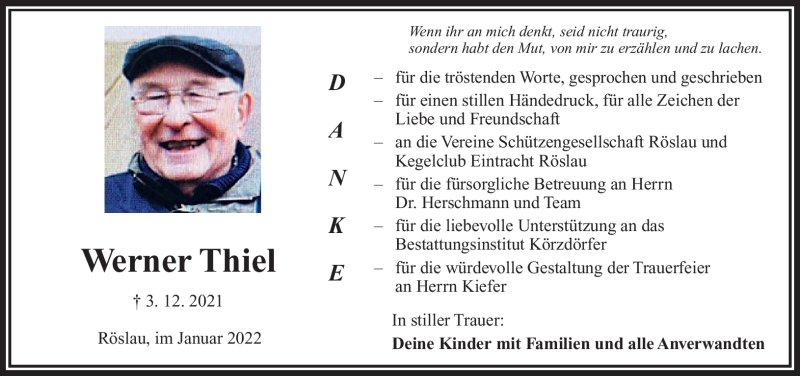  Traueranzeige für Werner Thiel vom 15.01.2022 aus Frankenpost