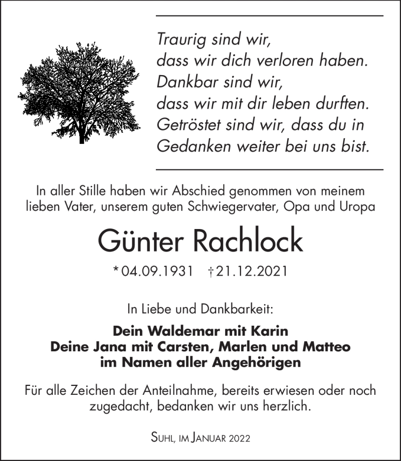  Traueranzeige für Günter Rachlock vom 15.01.2022 aus Südthüringer Presse