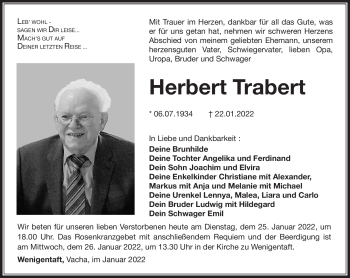 Traueranzeige von Herbert Trabert von Südthüringer Presse