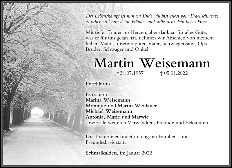  Traueranzeige für Martin Weisemann vom 11.01.2022 aus Südthüringer Presse