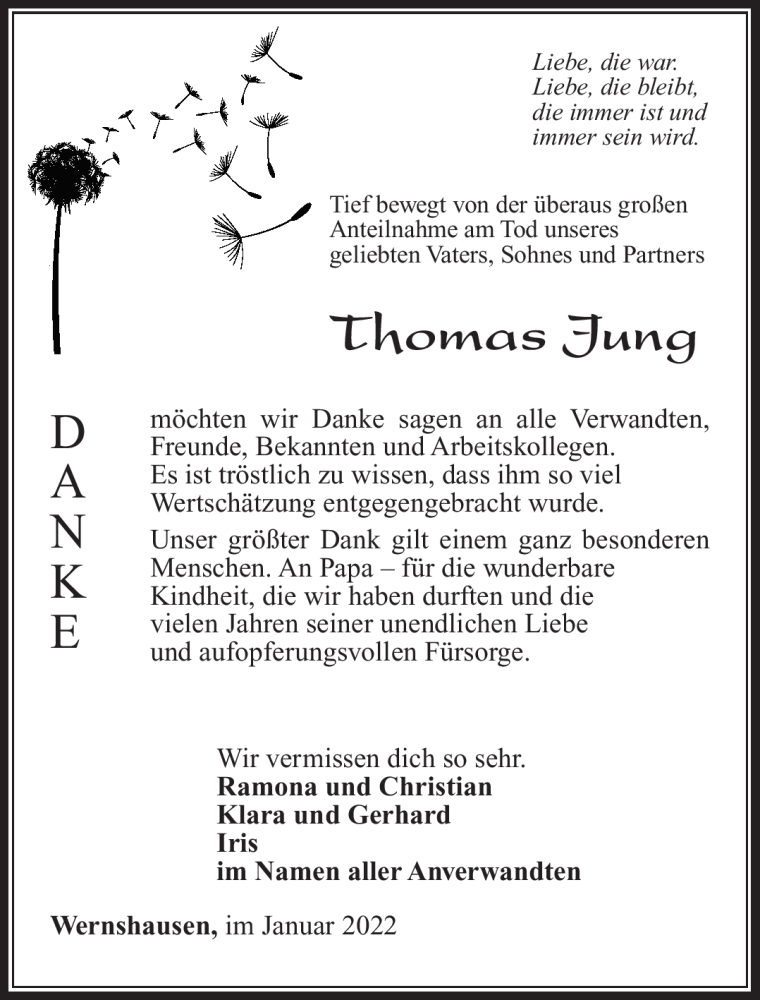  Traueranzeige für Thomas Jung vom 22.01.2022 aus Südthüringer Presse