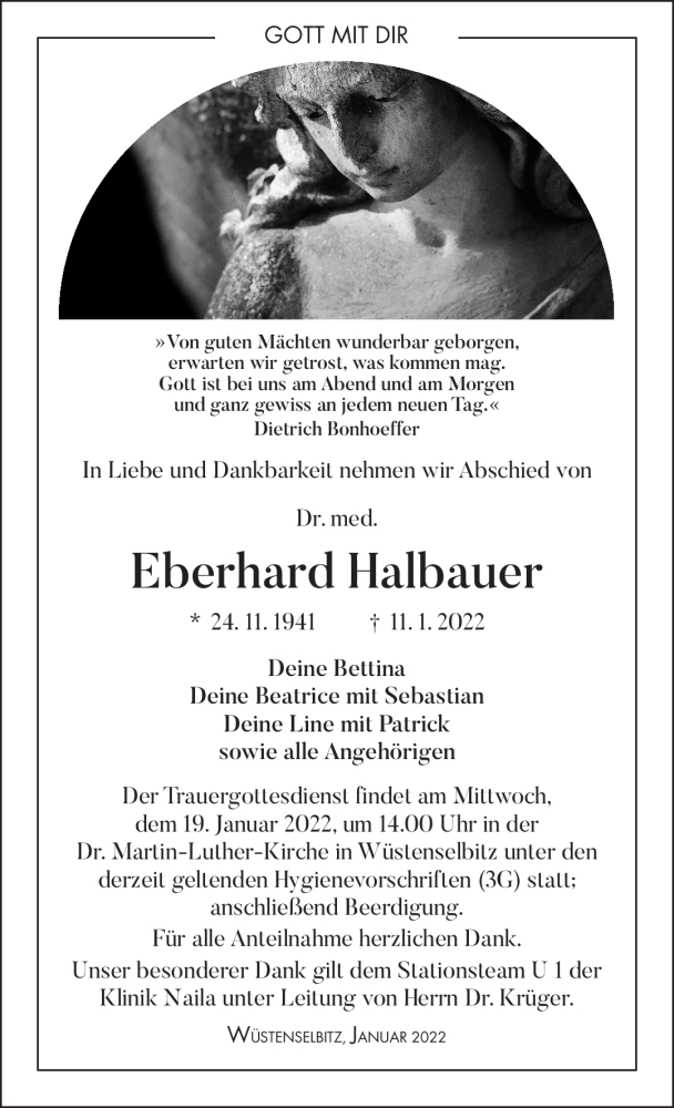  Traueranzeige für Eberhard Halbauer vom 15.01.2022 aus Frankenpost
