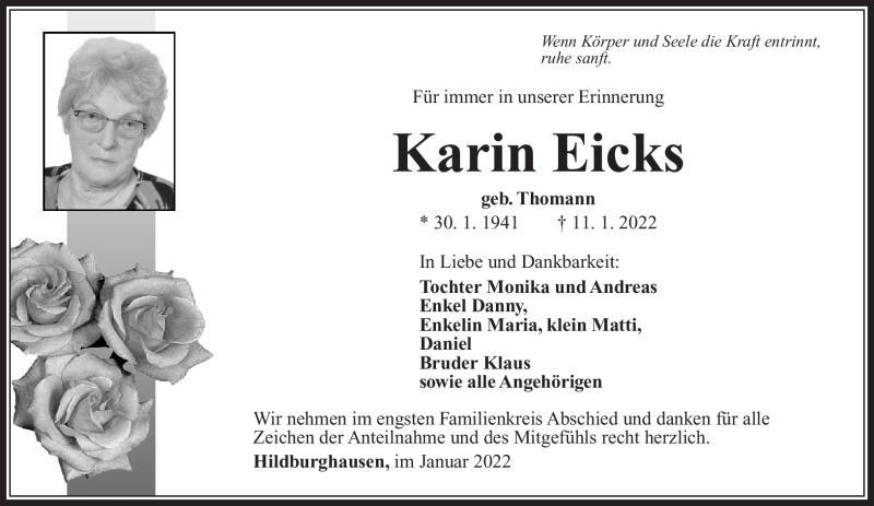  Traueranzeige für Karin Eicks vom 15.01.2022 aus Südthüringer Presse