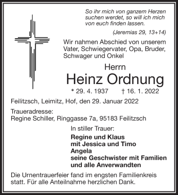 Traueranzeige von Heinz Ordnung von Frankenpost