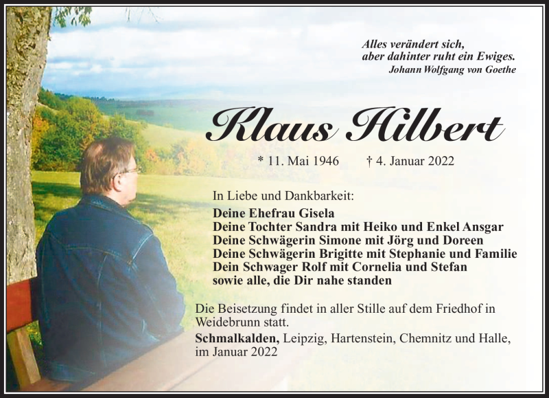  Traueranzeige für Klaus Hilbert vom 22.01.2022 aus Südthüringer Presse