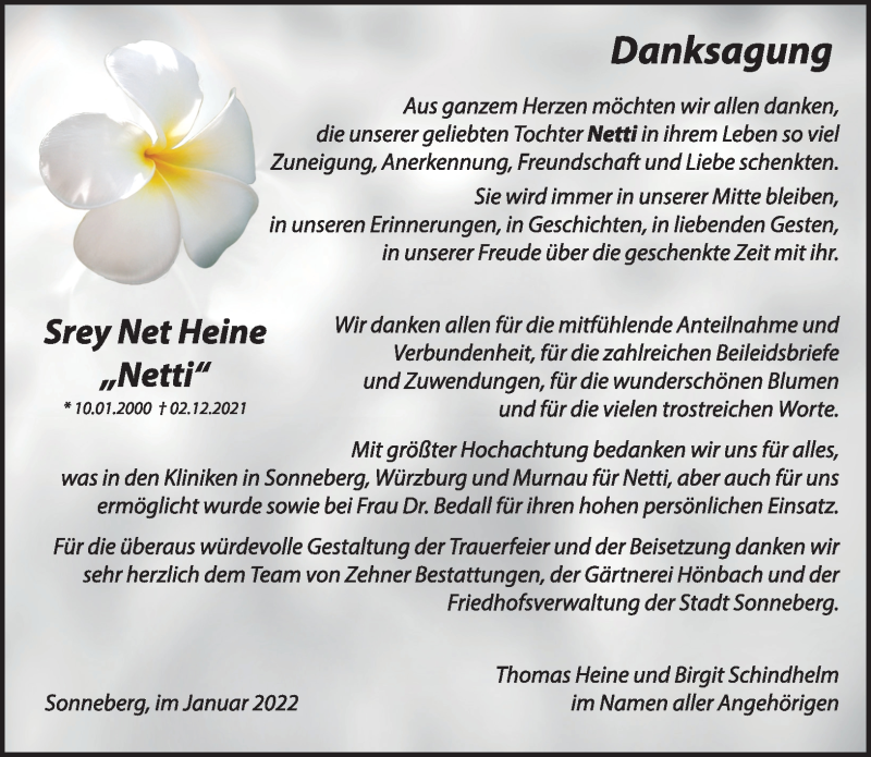  Traueranzeige für Srey Net Heine vom 22.01.2022 aus Südthüringer Presse
