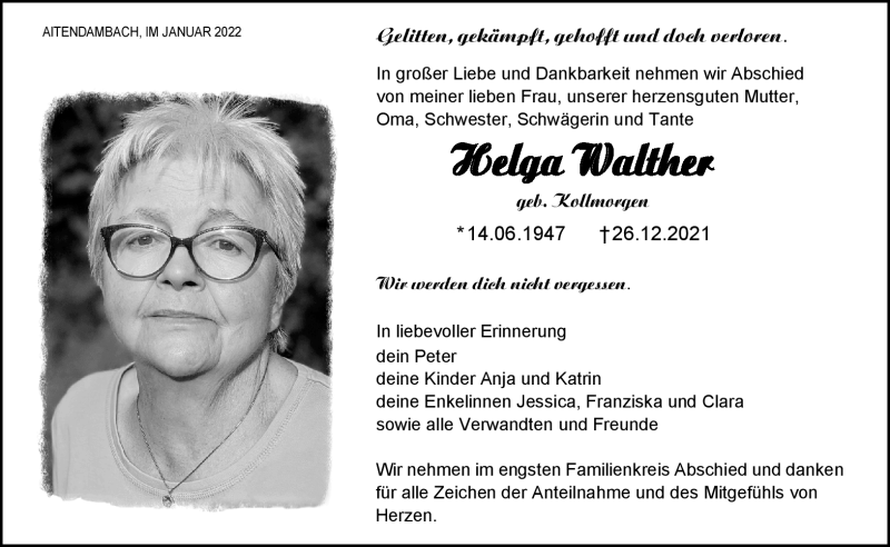  Traueranzeige für Helga Walther vom 15.01.2022 aus Südthüringer Presse