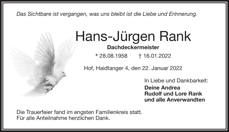 Traueranzeige für Hans-Jürgen Rank vom 22.01.2022 aus Frankenpost