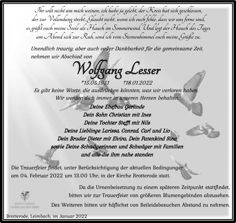  Traueranzeige für Wolfgang Lesser vom 22.01.2022 aus Südthüringer Presse