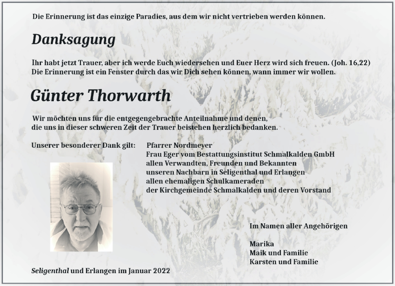  Traueranzeige für Günter Thorwarth vom 25.01.2022 aus Südthüringer Presse