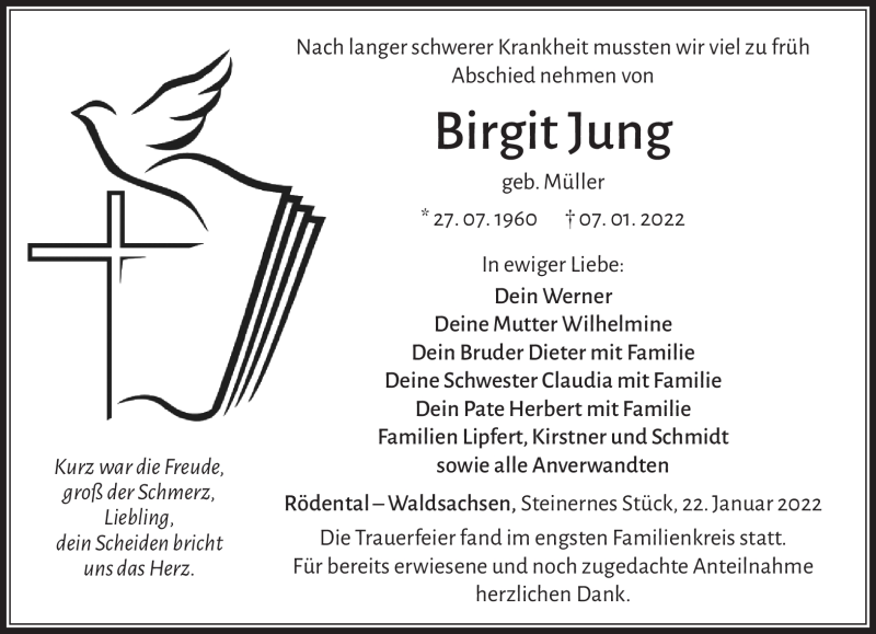  Traueranzeige für Birgit Jung vom 22.01.2022 aus Neue Presse Coburg