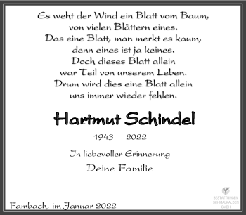 Traueranzeige von Hartmut Schindel von Südthüringer Presse