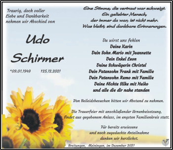 Traueranzeige von Udo Schirmer von Südthüringer Presse