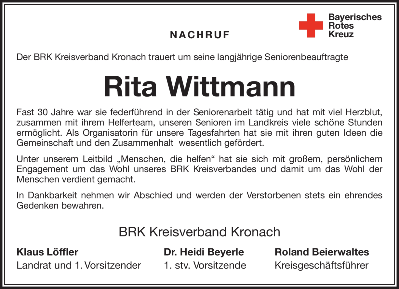  Traueranzeige für Rita Wittmann vom 25.01.2022 aus Neue Presse Coburg