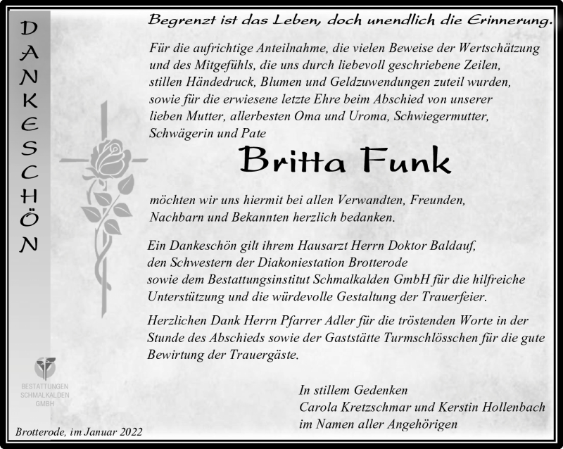  Traueranzeige für Britta Funk vom 29.01.2022 aus Südthüringer Presse