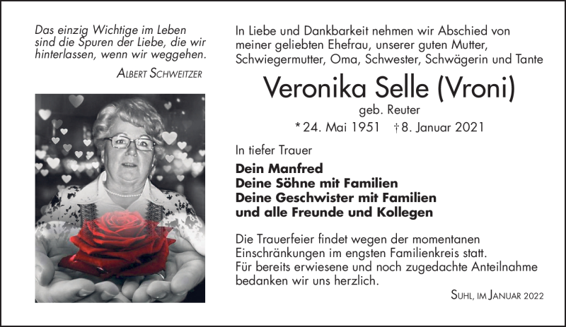  Traueranzeige für Veronika Selle vom 22.01.2022 aus Südthüringer Presse