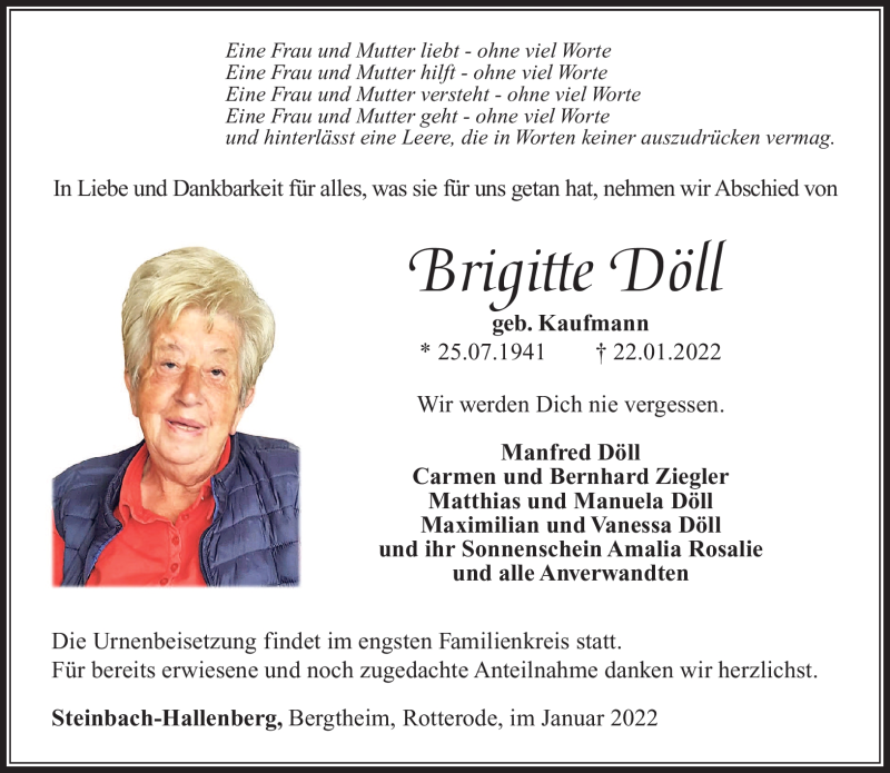  Traueranzeige für Brigitte Döll vom 29.01.2022 aus Südthüringer Presse