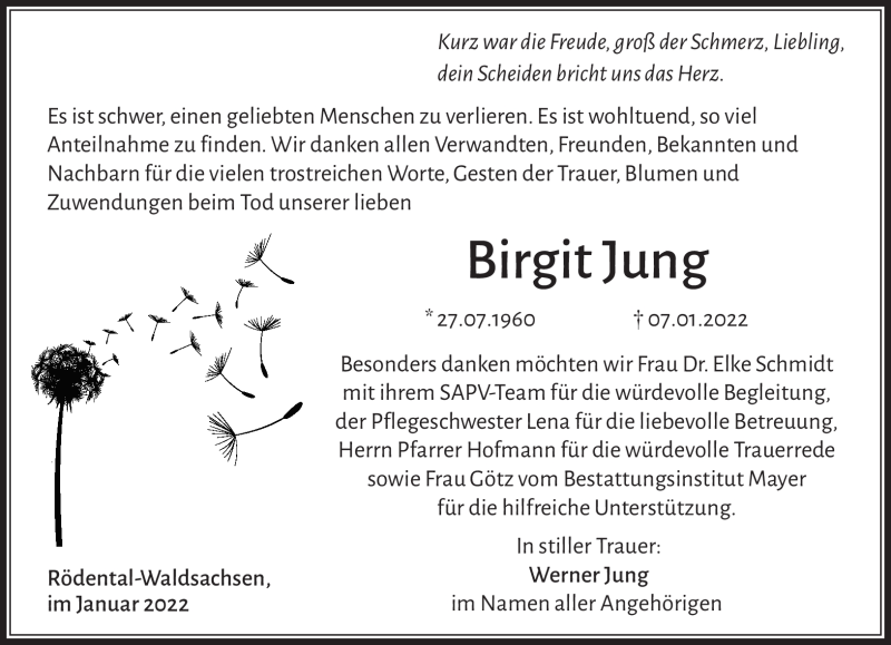  Traueranzeige für Birgit Jung vom 29.01.2022 aus Neue Presse Coburg