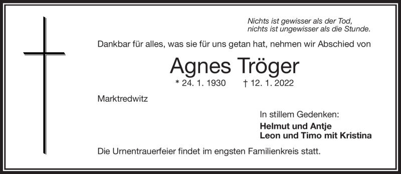  Traueranzeige für Agnes Tröger vom 15.01.2022 aus Frankenpost
