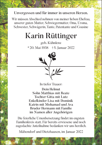 Traueranzeige von Karin Rüttinger von Südthüringer Presse