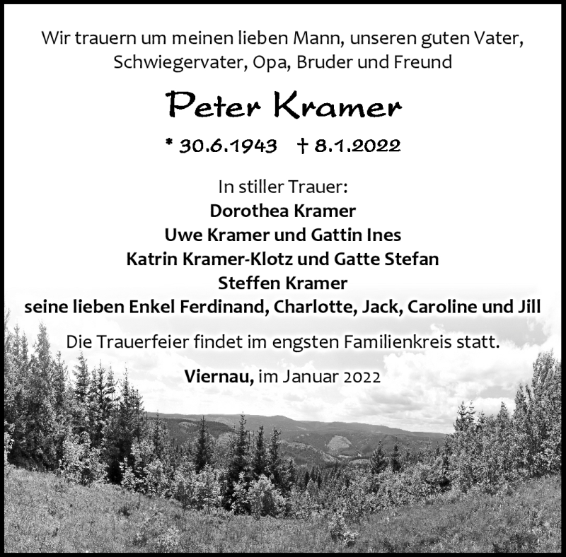  Traueranzeige für Peter Kramer vom 22.01.2022 aus Südthüringer Presse