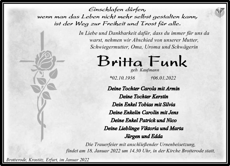  Traueranzeige für Britta Funk vom 15.01.2022 aus Südthüringer Presse