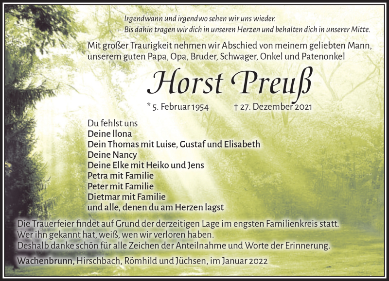  Traueranzeige für Horst Preuß vom 15.01.2022 aus Südthüringer Presse