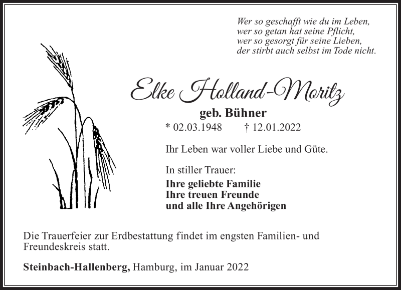  Traueranzeige für Elke Holland-Moritz vom 15.01.2022 aus Südthüringer Presse