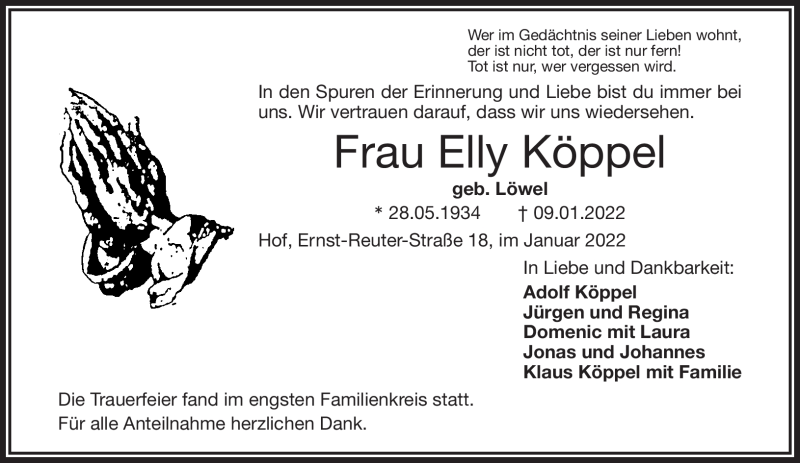  Traueranzeige für Elly Köppel vom 15.01.2022 aus Frankenpost