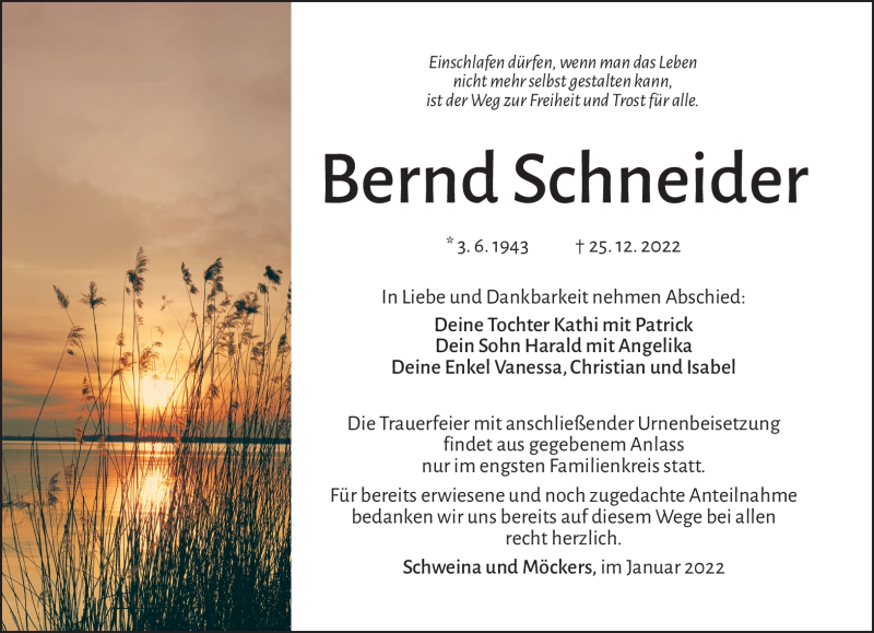  Traueranzeige für Bernd Schneider vom 11.01.2022 aus Südthüringer Presse