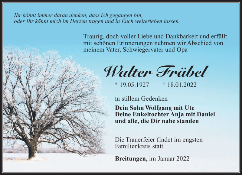  Traueranzeige für Walter Fräbel vom 21.01.2022 aus Südthüringer Presse