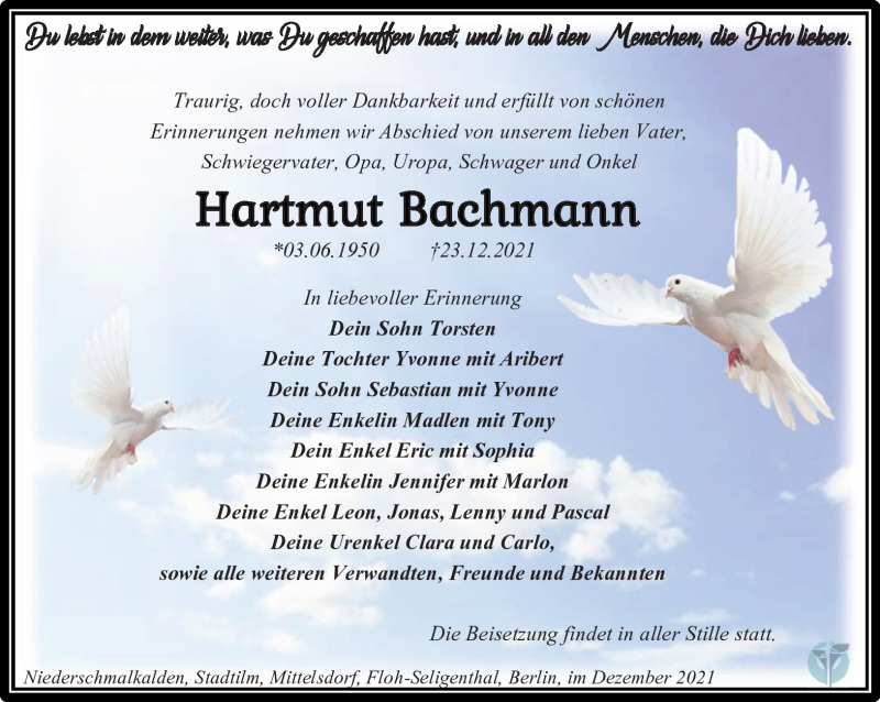  Traueranzeige für Hartmut Bachmann vom 15.01.2022 aus Südthüringer Presse