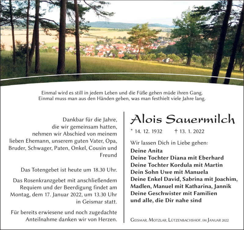  Traueranzeige für Alois Sauermilch vom 15.01.2022 aus Südthüringer Presse