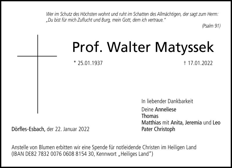  Traueranzeige für Walter Matyssek vom 22.01.2022 aus Neue Presse Coburg