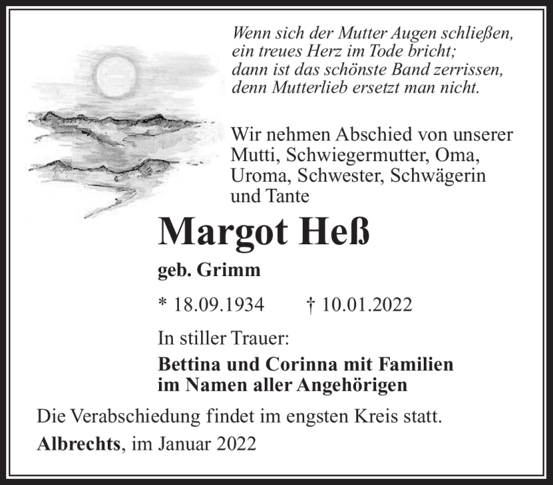  Traueranzeige für Margot Heß vom 15.01.2022 aus Südthüringer Presse