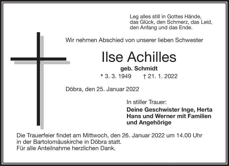  Traueranzeige für Ilse Achilles vom 25.01.2022 aus Frankenpost