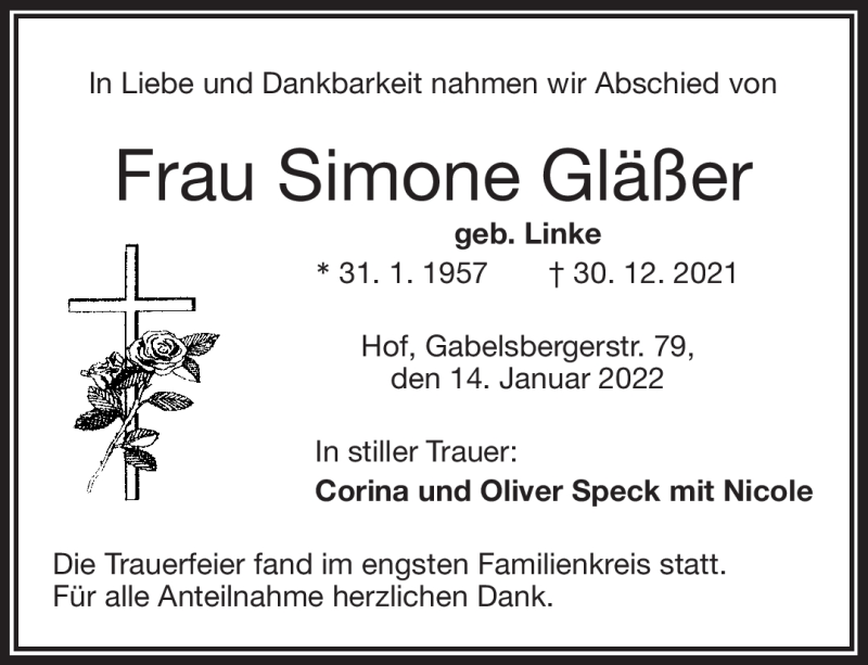  Traueranzeige für Simone Gläßer vom 14.01.2022 aus Frankenpost