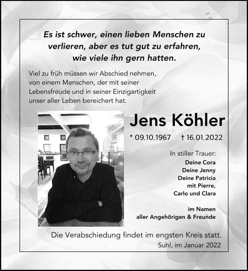  Traueranzeige für Jens Köhler vom 22.01.2022 aus Südthüringer Presse