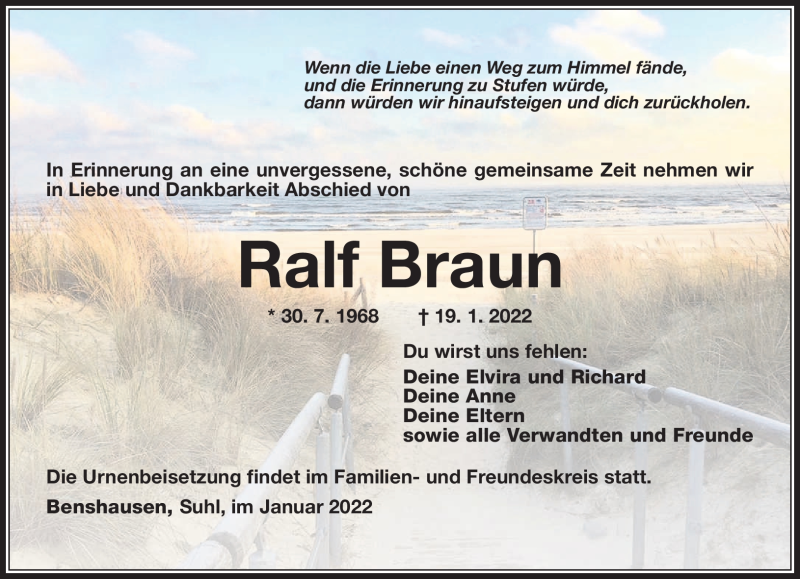  Traueranzeige für Ralf Braun vom 22.01.2022 aus Südthüringer Presse
