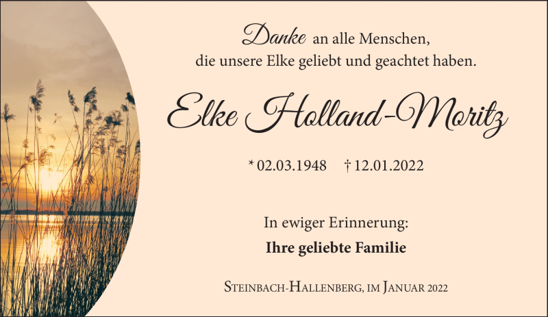  Traueranzeige für Elke Holland-Moritz vom 29.01.2022 aus Südthüringer Presse