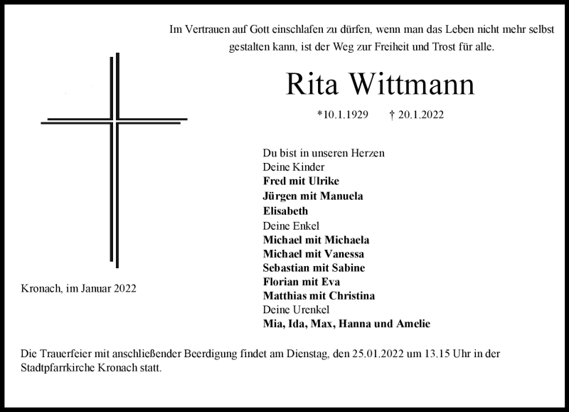  Traueranzeige für Rita Wittmann vom 22.01.2022 aus Neue Presse Coburg