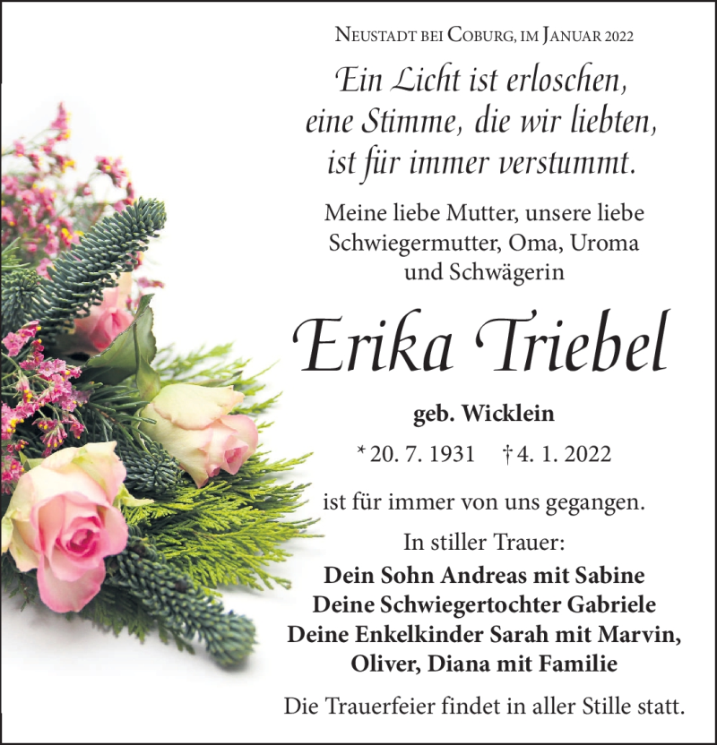 Traueranzeige für Erika Triebel vom 12.01.2022 aus Neue Presse Coburg