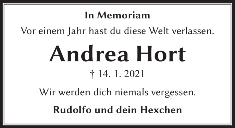  Traueranzeige für Andrea Hort vom 15.01.2022 aus Südthüringer Presse