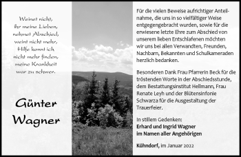 Traueranzeige von Günter Wagner von Südthüringer Presse