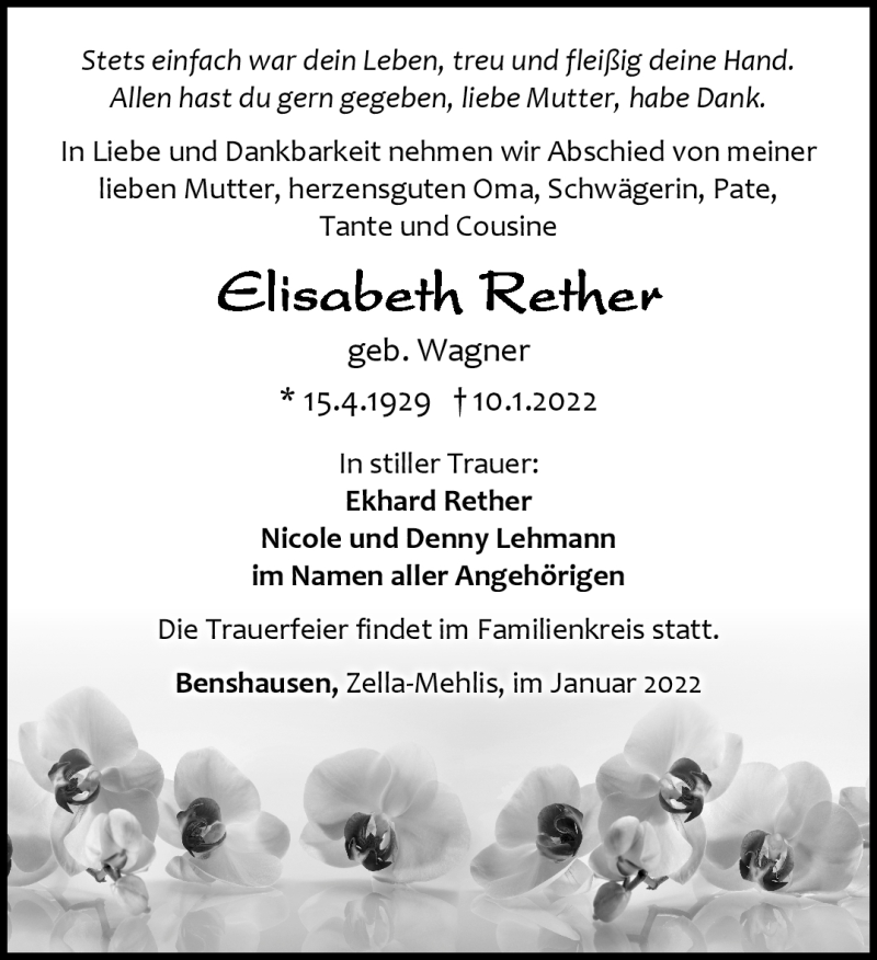  Traueranzeige für Elisabeth Rether vom 22.01.2022 aus Südthüringer Presse