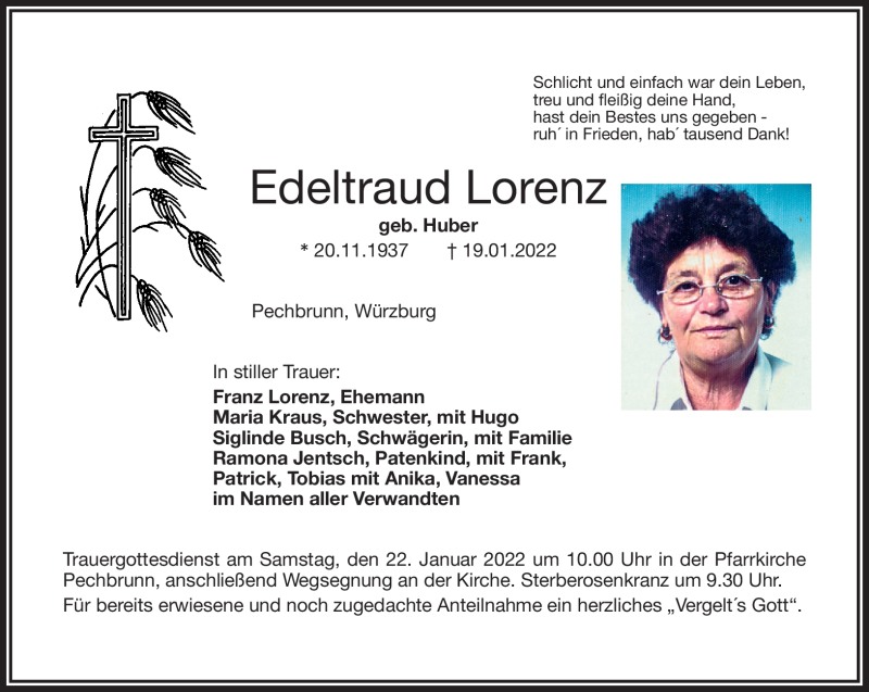  Traueranzeige für Edeltraut Lorenz vom 20.01.2022 aus Frankenpost