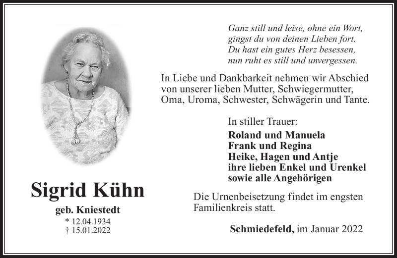  Traueranzeige für Sigrid Kühn vom 22.01.2022 aus Südthüringer Presse