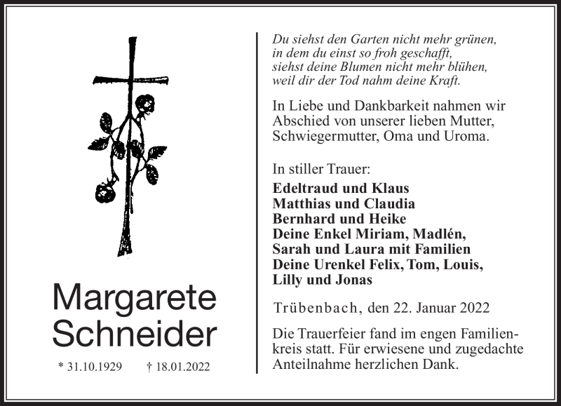  Traueranzeige für Margarete Schneider vom 22.01.2022 aus Neue Presse Coburg