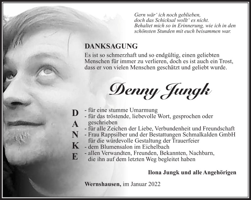 Traueranzeige für Denny Jungk vom 22.01.2022 aus Südthüringer Presse